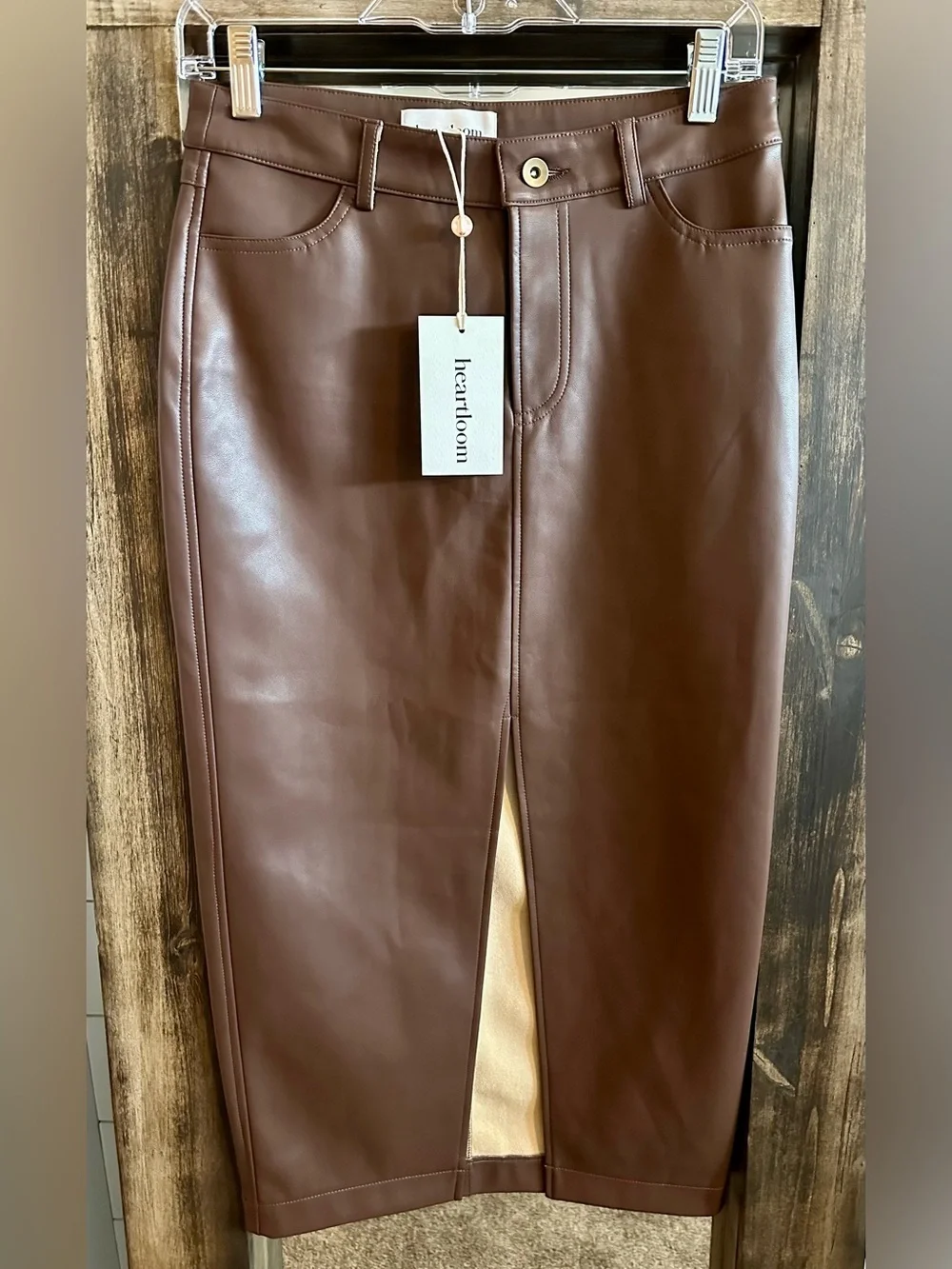 Heartloom Western Midi Skirt Brown Front Slit Vegan Leather S NWT Festival Chic